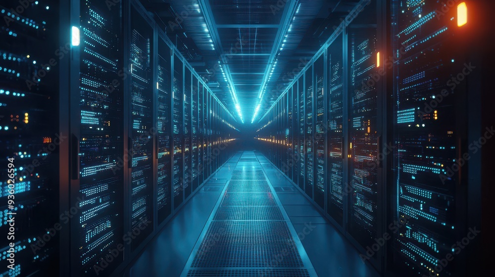A high-tech data center with rows of servers, blinking lights, and AI-driven monitoring systems processing massive amounts of data in real-time, showcasing the power of advanced computing technology A high-tech data center with rows of servers, blinking lights, and AI-driven monitoring systems processing massive amounts of data in real-time, showcasing the power of advanced computing technology