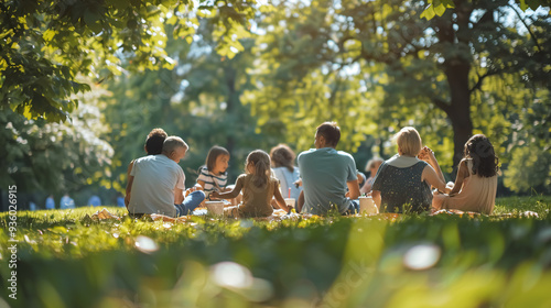 Family members enjoying an outdoor picnic and open-air public concert in a park