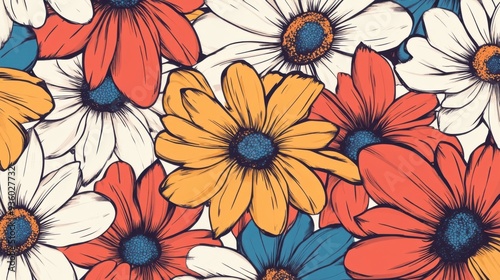 Abstract seamless pattern with hand drawn vintage groovy daisy flowers