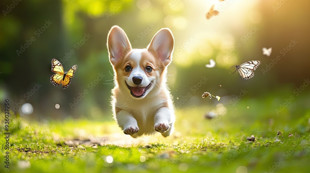 Happy little Pembroke Welsh Corgi puppy chasing butterflies in a green clearing, looking playful. - Happy little Pembroke Welsh Corgi puppy chasing butterflies in a green clearing, looking playful. -