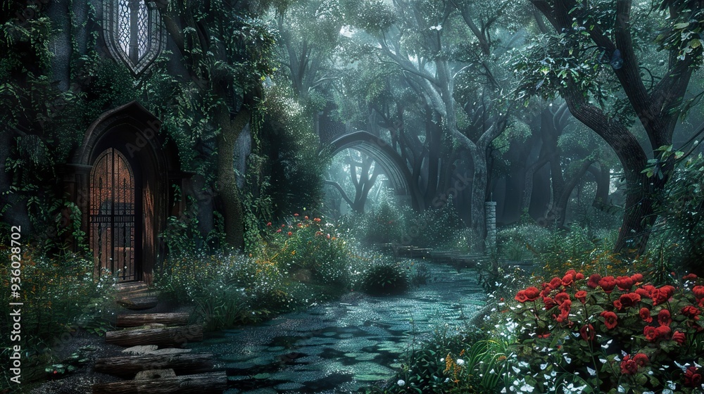 Enchanted Forest Path with Gothic Ruins and Stream Enchanted Forest Path with Gothic Ruins and Stream