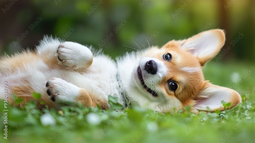 Happy little Pembroke Welsh Corgi puppy rolling on its back in a green clearing, full of happiness. Happy little Pembroke Welsh Corgi puppy rolling on its back in a green clearing, full of happiness.