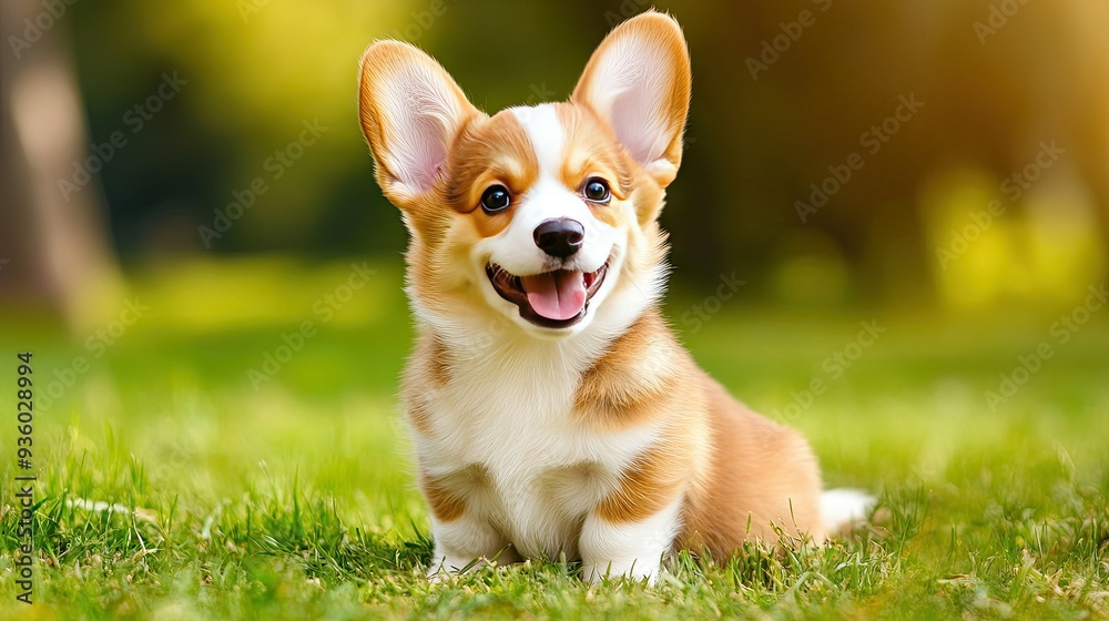 Happy little Pembroke Welsh Corgi puppy sitting on the grass in a green clearing, eyes sparkling with joy. - Happy little Pembroke Welsh Corgi puppy sitting on the grass in a green clearing, eyes sparkling with joy. -