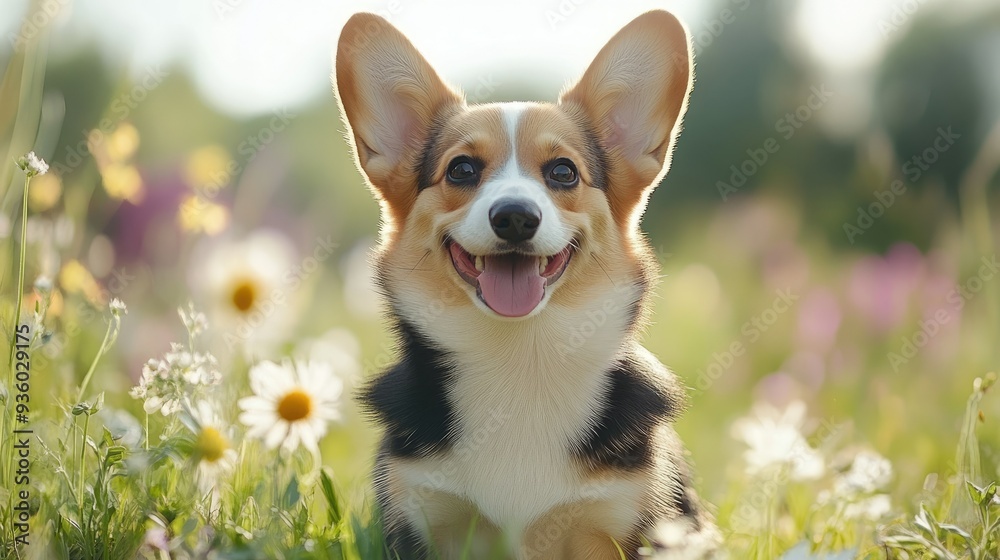 Happy little Pembroke Welsh Corgi puppy sitting among wildflowers in a green clearing, looking delighted. - Happy little Pembroke Welsh Corgi puppy sitting among wildflowers in a green clearing, looking delighted. -