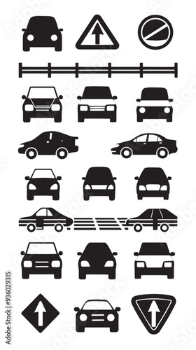 Vector black car road icons set. Highway symbols. Road signs