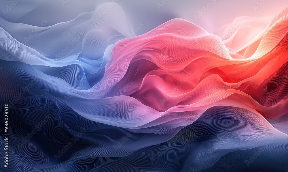 Obraz premium Stylish color design and color combination of a 3D mesh representation of digital sound in muted shades of blue, white, gray and red. A distorted net of planes fluttering freely over a dark, profound