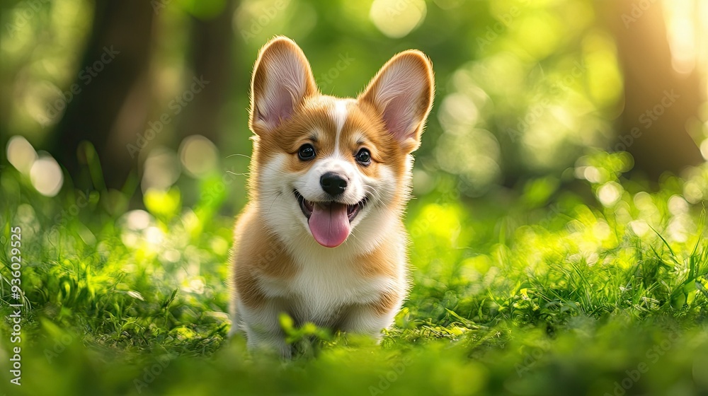 Happy little Pembroke Welsh Corgi puppy with its tongue hanging out, enjoying a green clearing. Happy little Pembroke Welsh Corgi puppy with its tongue hanging out, enjoying a green clearing.