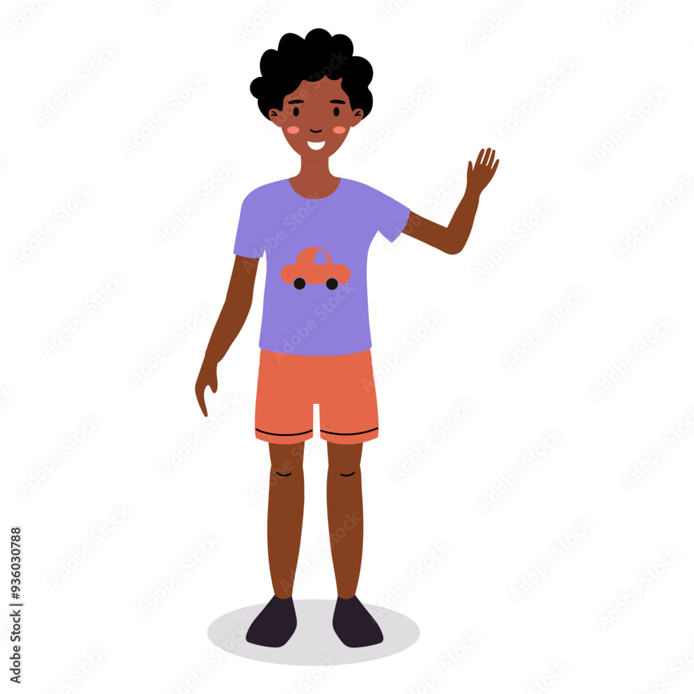 Young boy waves cheerfully in casual clothing with playful design indoors Young boy waves cheerfully in casual clothing with playful design indoors