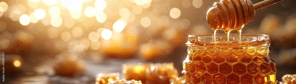 Fototapeta premium Golden Honey Dripping from Wooden Dipper into Glass Jar with Warm Sunlight and Bokeh Background