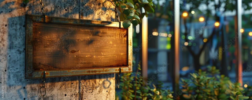 Urban environment using square signs with wooden frames hanging from metal brackets on sandstone walls illuminated by evening light. Urban environment using square signs with wooden frames hanging from metal brackets on sandstone walls illuminated by evening light.