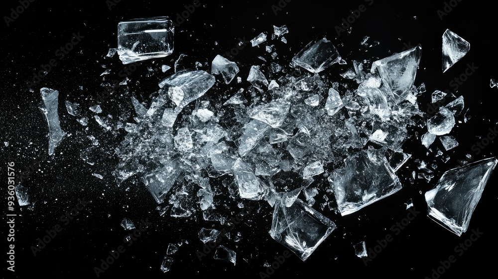 Ice, crushed on black background. Shards of crushed ice spreading away. The explosion of ice.