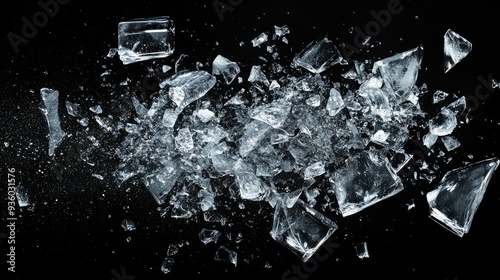 Obraz na płótnie Ice, crushed on black background. Shards of crushed ice spreading away. The explosion of ice. w salonie