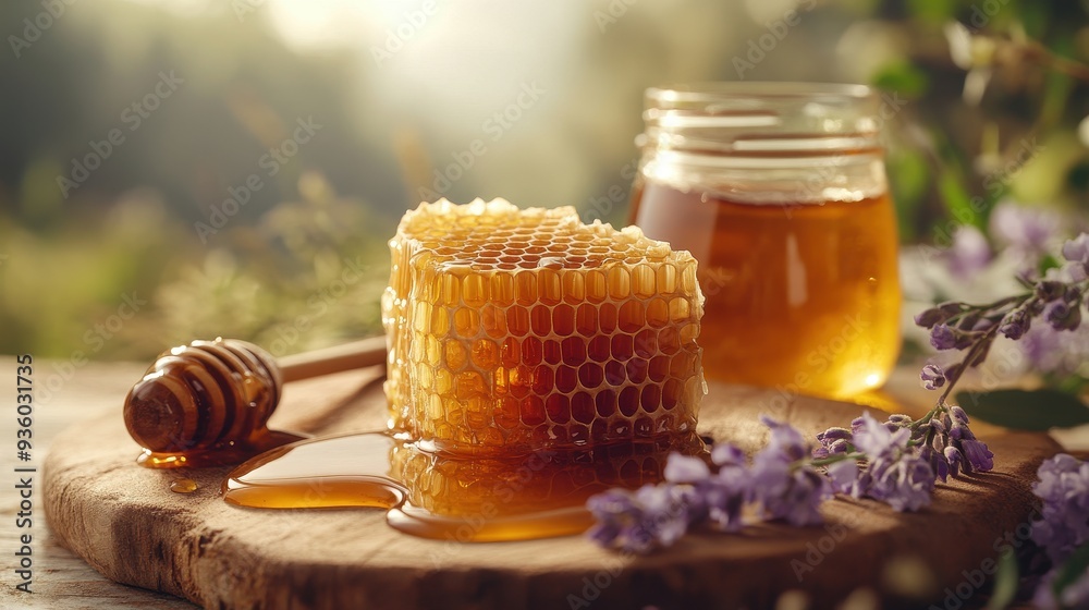 Fresh Honeycomb with Honey Jar and Lavender Flowers on Wooden Board in Sunlit Garden Setting Fresh Honeycomb with Honey Jar and Lavender Flowers on Wooden Board in Sunlit Garden Setting