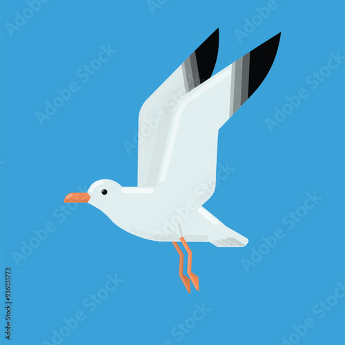 Flying seagull isolated on blue background. Vector illustration.