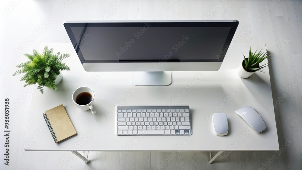 High angle view of a modern desktop computer on a white desk, desktop, computer, technology, office, workspace, keyboard, mouse High angle view of a modern desktop computer on a white desk, desktop, computer, technology, office, workspace, keyboard, mouse