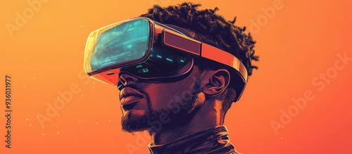 Futuristic Portrait of a Man Wearing Virtual Reality Headset Against Vibrant Orange Background photo