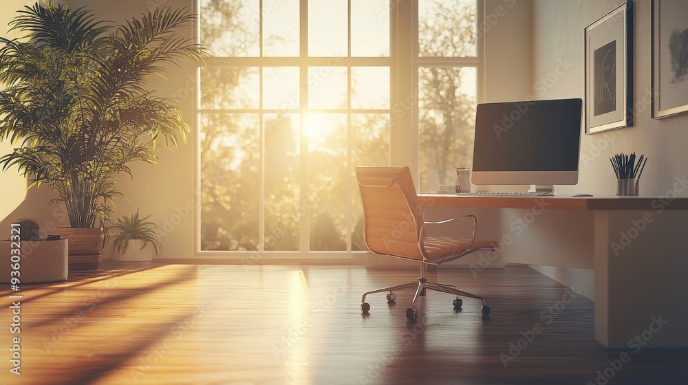 Fototapeta premium Modern Home Office with Large Window and Sunlight Streaming In, Featuring a Wooden Desk, Computer, and Comfortable Chair