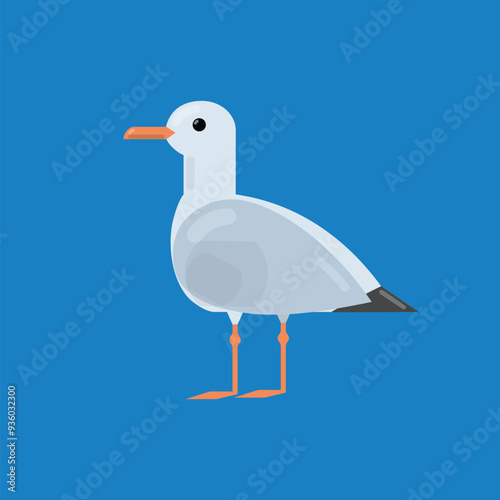 Standing Seagull isolated on blue background. Vector illustration.
