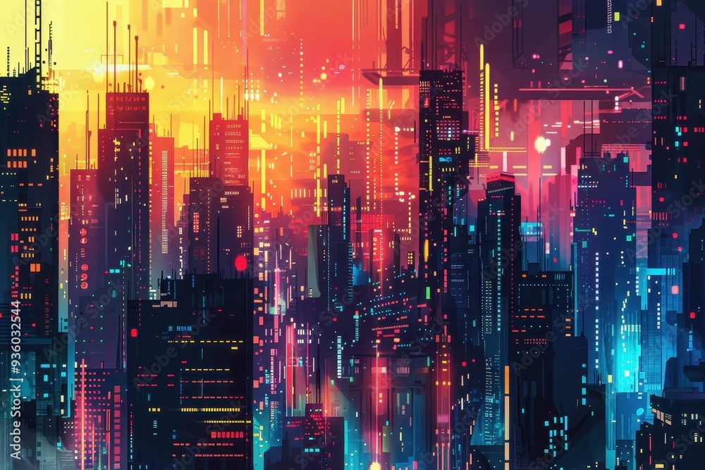 Neon Cityscape at Dusk with Tall Buildings and Glowing Lights Neon Cityscape at Dusk with Tall Buildings and Glowing Lights