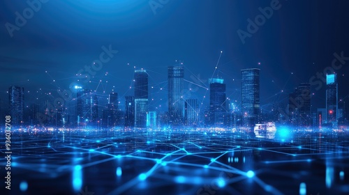 Internet speed Data communication connection network frame Modern industrial skyline city structure, city internet of things concepts wireless technology information system, abstract blue background