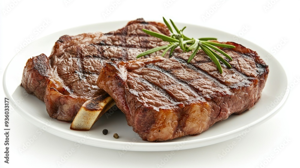 Isolated plate of grilled beef steak with bone, served on a clean white background. The perfectly seared meat showcases a rich texture. Isolated plate of grilled beef steak with bone, served on a clean white background. The perfectly seared meat showcases a rich texture.
