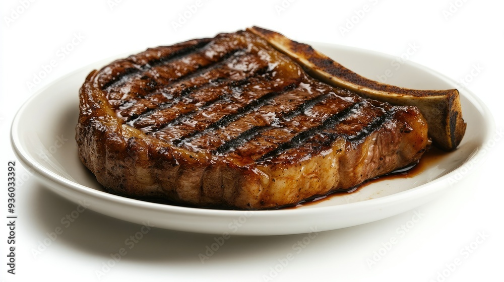 Isolated plate of grilled beef steak with bone on a white background. The steak's char marks and rich color create visual interest. - Isolated plate of grilled beef steak with bone on a white background. The steak's char marks and rich color create visual interest. -