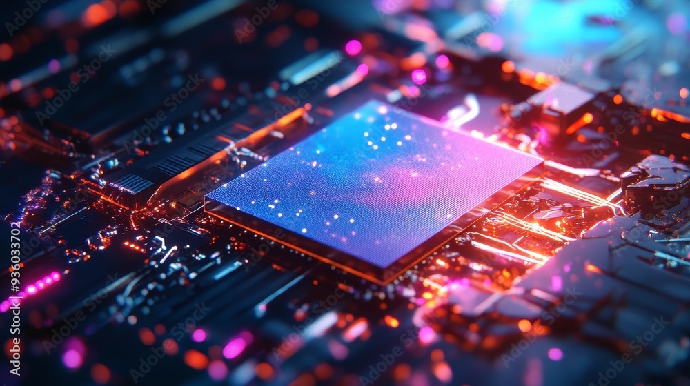 Close-Up of a Tiny Speck of Dust on a Microchip Surface, Showcasing the Intricacies of Semiconductor Technology and the Importance of Cleanroom Conditions in Microelectronics