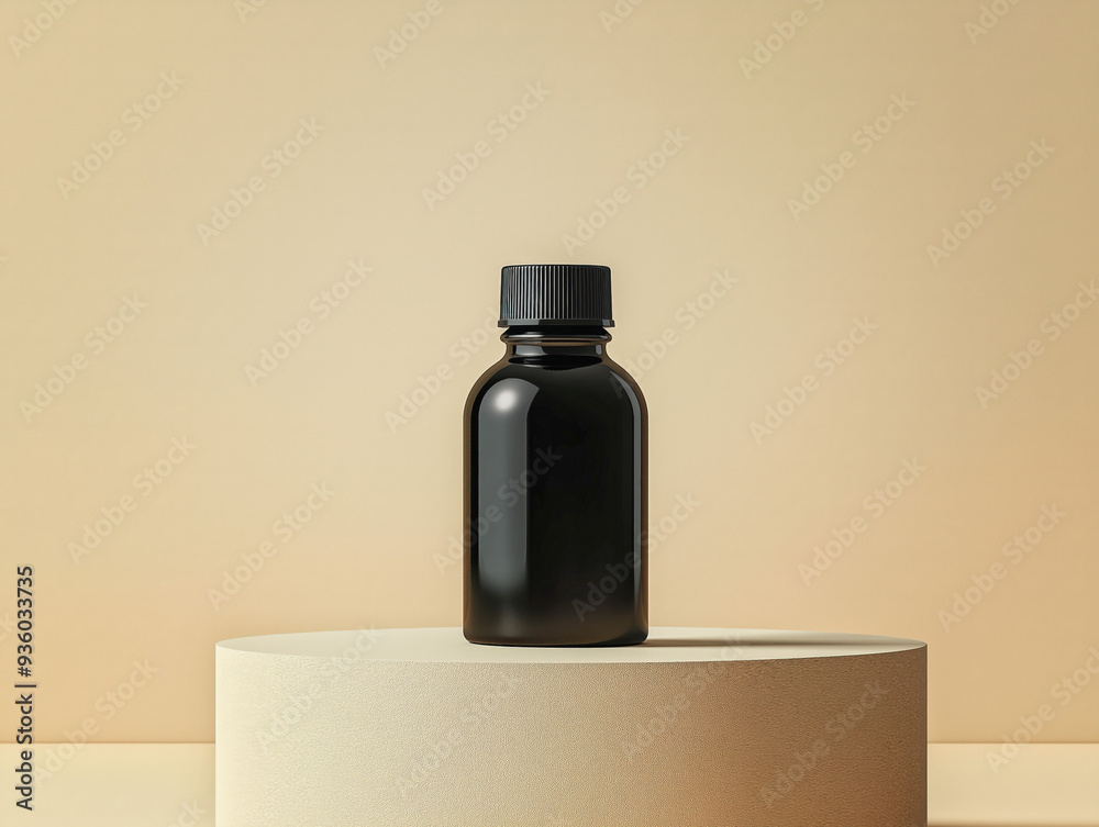Mockup Of A Plain Black Medicine Bottle Neatly Placed On A Podium On A Neutral Background Mockup Of A Plain Black Medicine Bottle Neatly Placed On A Podium On A Neutral Background