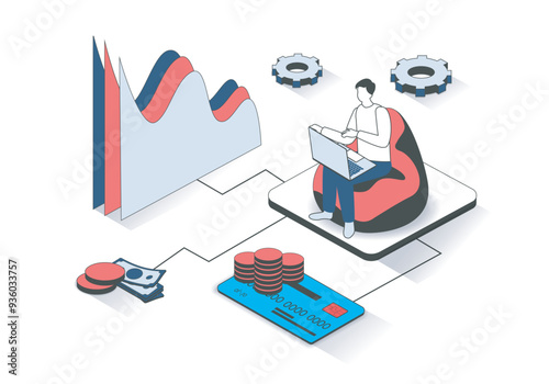 Finance 3d isometric concept with isometry people design for web. Man accounting and making financial audit using laptop, researching charts and balance, managing credit cards. Vector illustration.