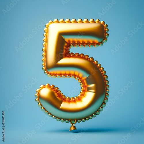 number 5 golden balloon isolated on blue background