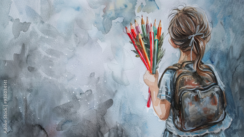 Obraz premium Watercolor of a child with backpack holding colored pencils