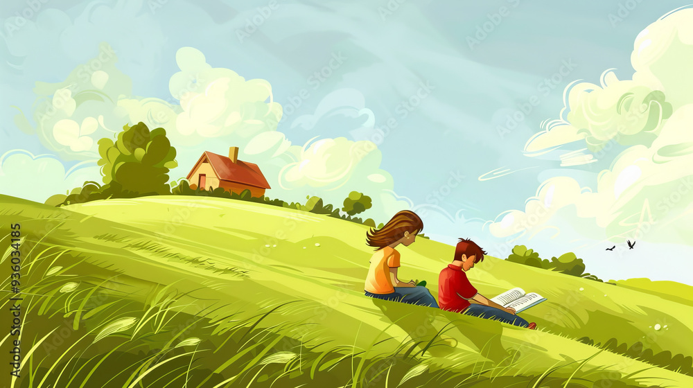 Children Enjoying a Peaceful Day in a Lush Green Countryside Children Enjoying a Peaceful Day in a Lush Green Countryside