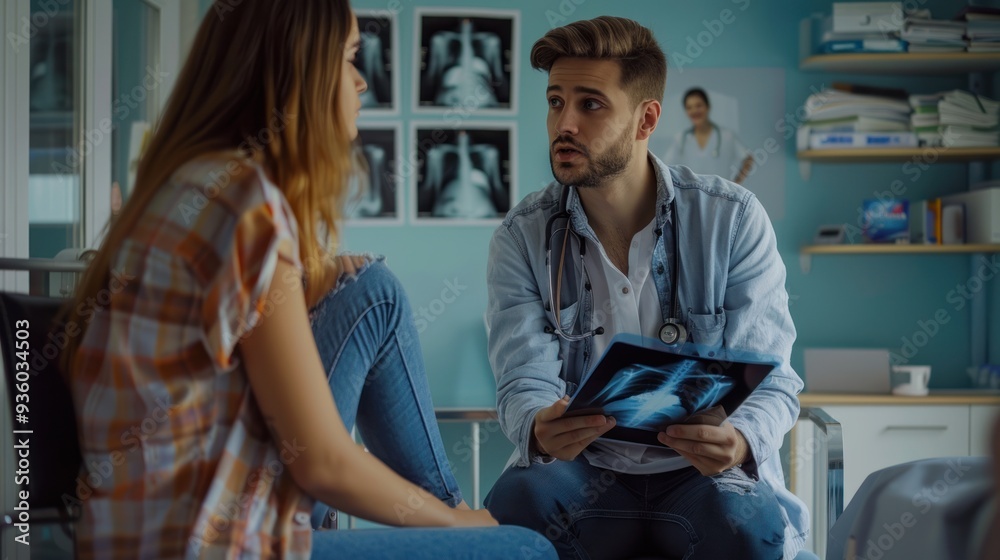 Male doctor taking x-ray on female patient at doctor's office in hospital Male doctor taking x-ray on female patient at doctor's office in hospital