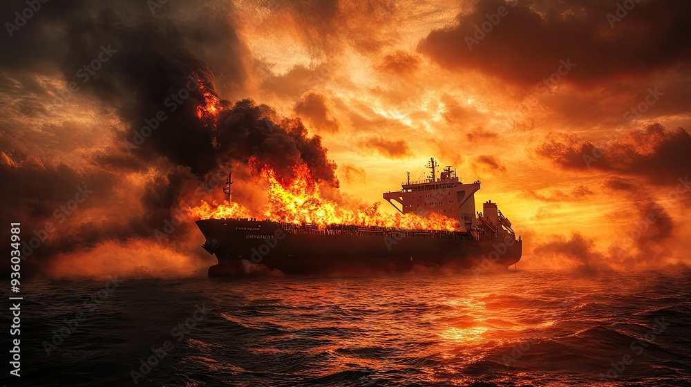 Large general cargo ship for logistic import export goods and other the explosion and had a lot of fire and smoke at sea in evening - Large general cargo ship for logistic import export goods and other the explosion and had a lot of fire and smoke at sea in evening -