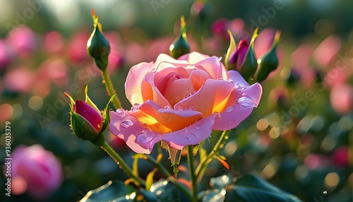 A romantic sea of roses, delicate rose petals exude charming brilliance in the sun, and there are buds waiting to bloom around them, showing the beauty of nature. photo