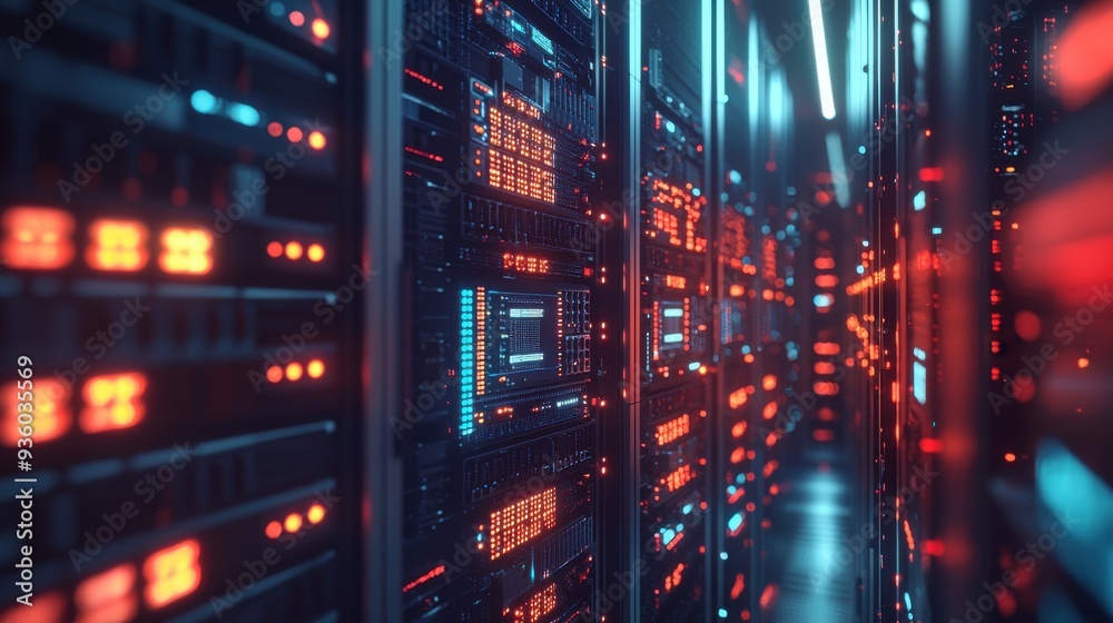 Obraz premium A data center filled with rows of servers blinking lights indicating data processing AI systems managing and optimizing the infrastructure
