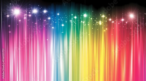 Abstract rainbow light beams with sparkling stars and bokeh effects on a colorful background.