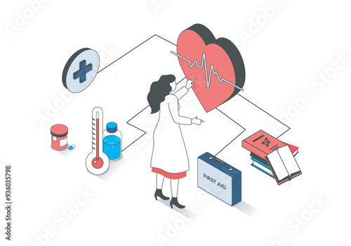 Medicine 3d isometric concept with isometry people design for web. Woman cardiologist diagnosis heart diseases, provides first aid to patient and doing diagnostic prescription. Vector illustration.