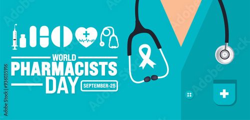 World Pharmacists day background or banner design template. Holiday concept. Template for background, banner, card, poster, placard, design template with unique shapes with standard color.