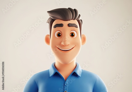 3D avatar of a man with black hair, wearing a blue shirt and smiling on a white background. 