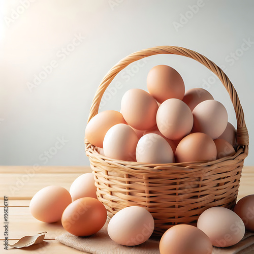 3D illustration of a basket full of fresh brown eggs. Farm food elements isolated on beige background.
 photo