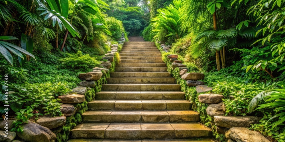 Stairs made of large stone steps surrounded by lush green plants, stairs, stone, steps, green, plants, nature, outdoor Stairs made of large stone steps surrounded by lush green plants, stairs, stone, steps, green, plants, nature, outdoor