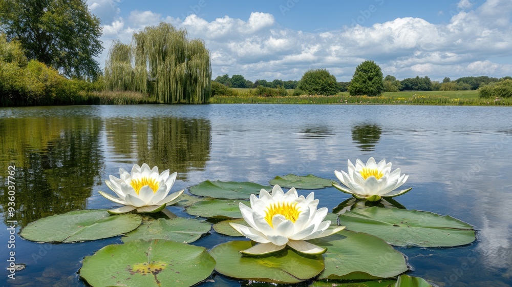 Bright yellow water lilies blossom on a summer lake, complemented by a sweeping willow tree and a vibrant green landscape under a clear blue sky Bright yellow water lilies blossom on a summer lake, complemented by a sweeping willow tree and a vibrant green landscape under a clear blue sky