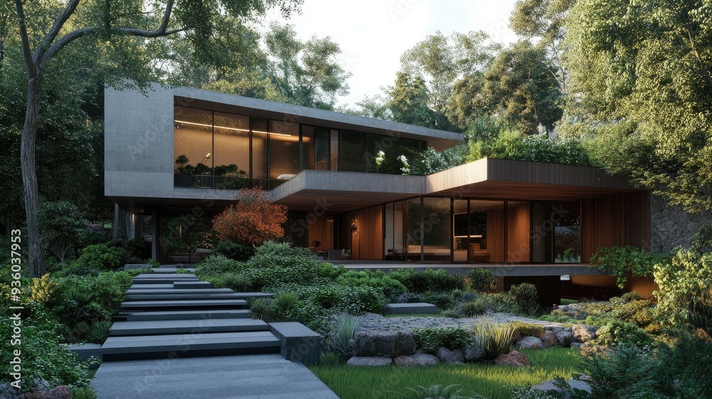 Modern house 3D rendering featuring a cantilevered design and lush landscaping.