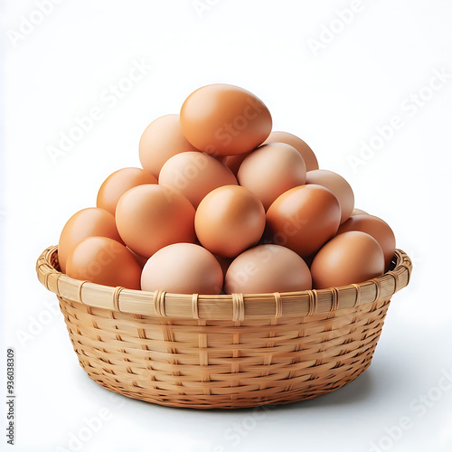 3D illustration of a basket full of fresh brown eggs. Farm food elements isolated on beige background.
 photo