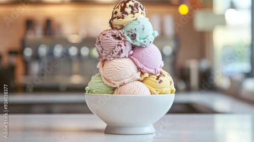 Multi-flavored ice cream tower in a bowl, set on a white caf counter with natural light.