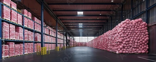 Interior of a cold storage warehouse with shelves filled with frozen goods, temperature-controlled storage, perishable goods logistics photo