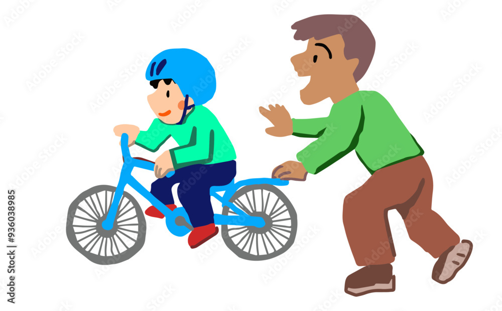 Fototapeta premium 自転車に乗る練習をする父と男の子