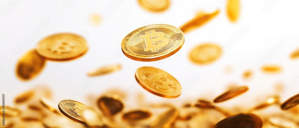 Golden Bitcoin Coins Falling Against a White Background Golden Bitcoin Coins Falling Against a White Background