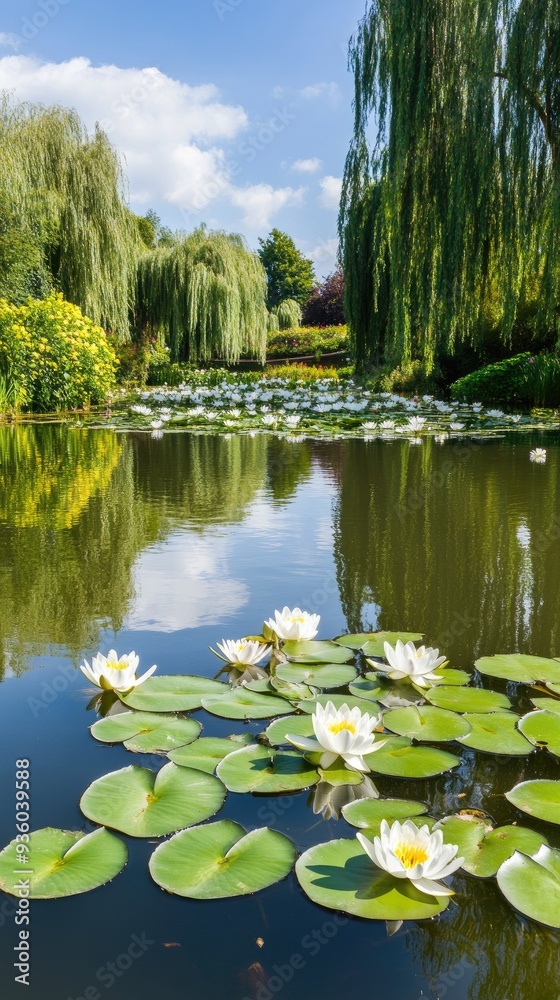 Fototapeta premium Bright yellow water lilies blossom on a summer lake, complemented by a sweeping willow tree and a vibrant green landscape under a clear blue sky
